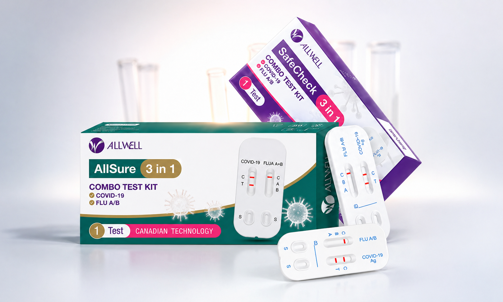 ชุดตรวจคัดกรองการติดเชื้อโควิด-19 (COVID-19) และไข้หวัดใหญ่ชนิด A และ B รุ่น AllSure safechaekk 3 in 1