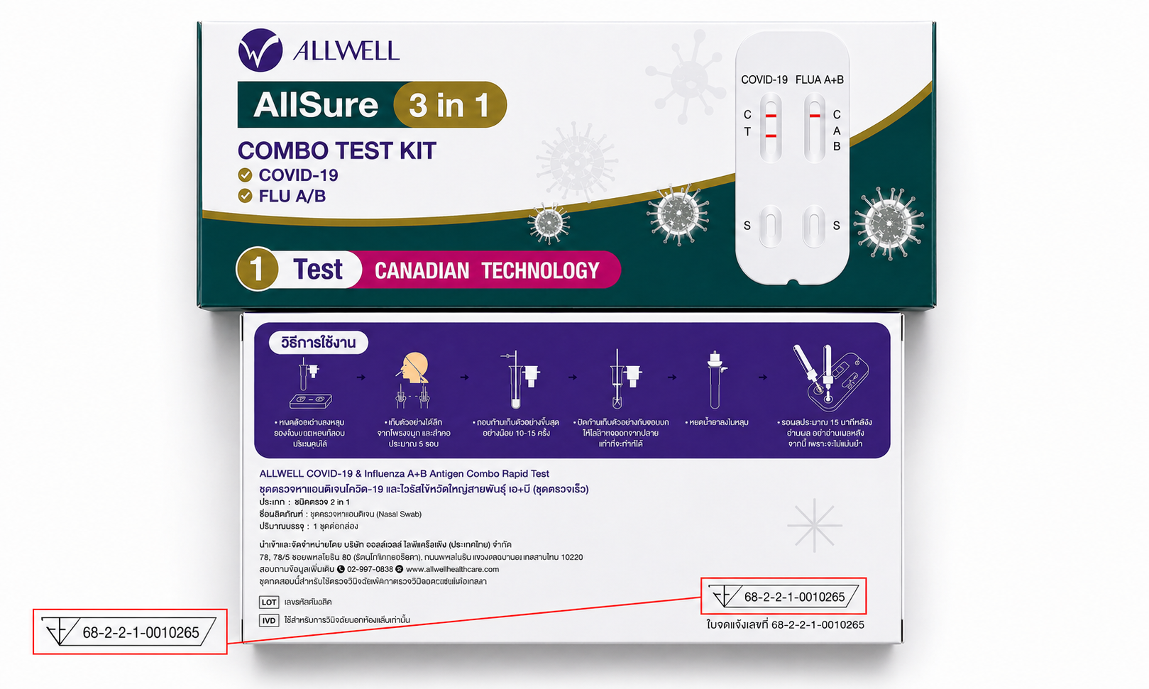 กล่องชุดตรวจ ATK AllSure 3 in 1 ตรวจโควิด-19 และไข้หวัดใหญ่ Flu A/B พร้อมแสดงตำแหน่งเลข Lot วันที่ผลิต และวันหมดอายุบนกล่อง