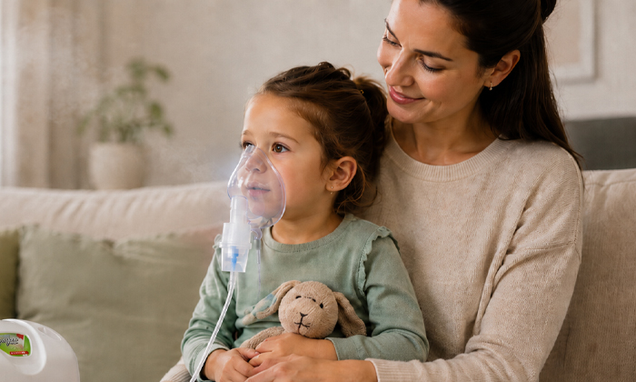 เด็กใช้เครื่องพ่นละอองยาแบบ Jet Nebulizer