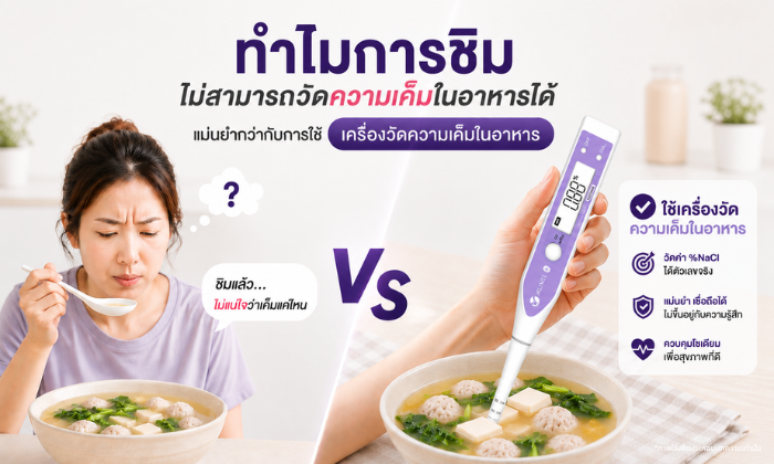 ผู้หญิงกำลังชิมอาหารเปรียบเทียบกับการใช้เครื่องวัดความเค็มในอาหารเพื่อวัดระดับโซเดียมอย่างแม่นยำ