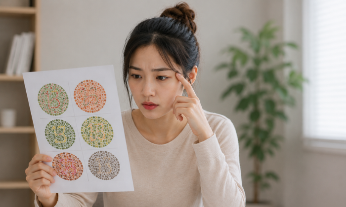 Alt Text: ผู้หญิงกำลังถือแผ่นทดสอบตาบอดสีและสังเกตการมองเห็นสีภายในห้องโทนสว่าง