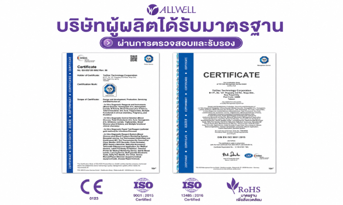 ใบรับรองมาตรฐานการผลิตเครื่องตรวจน้ำตาล ALLWELL GlucoAll-1B พร้อมสัญลักษณ์ CE, ISO 9001, ISO 13485 และ RoHS